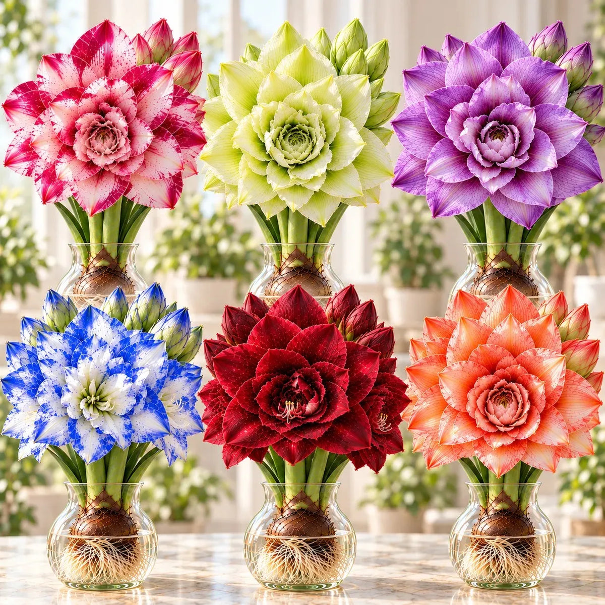 🌺 Multi-headed amaryllis bulbs with double XXL flowers – for water and soil